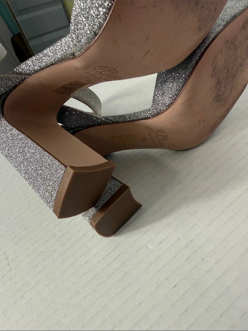 J. Crew Vicky Silver Glitter Jeweled Ankle-Strap Heels size 7.5